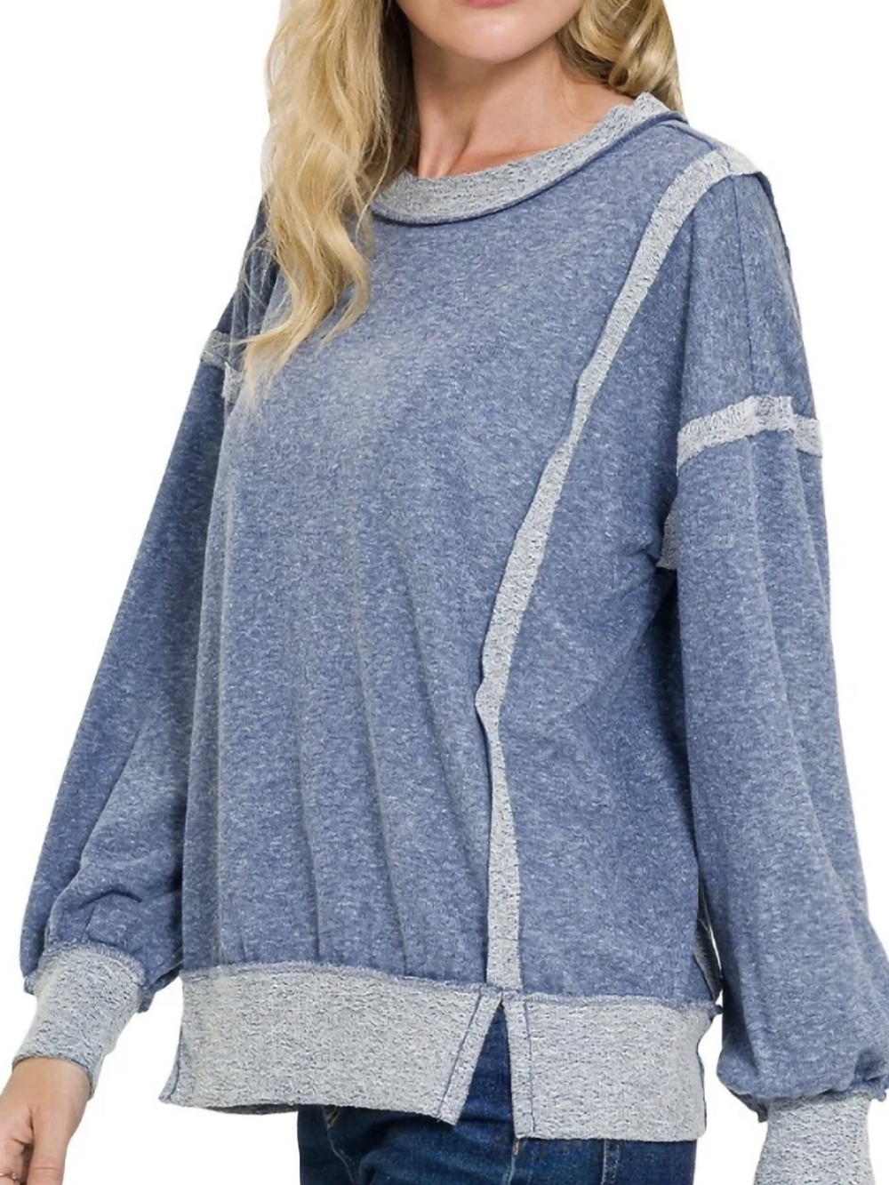 Zenana Outfitters Blue Pullover Sweatshirt with Light Contrast Trim